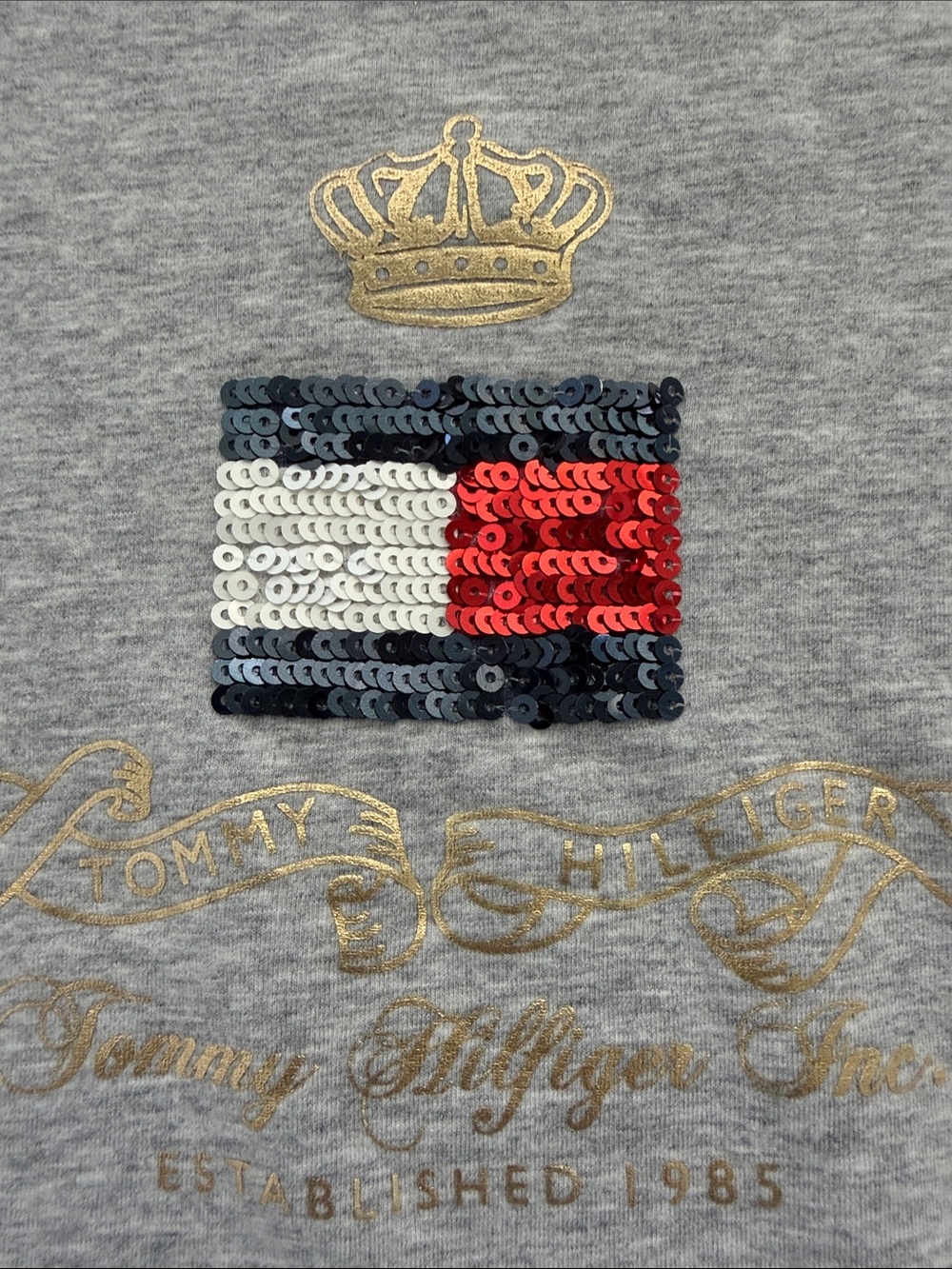 Tommy Hilfiger Heather Gray Crewneck Tee with sequined Flag Logo